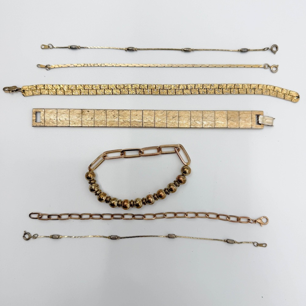 Vintage Gold Tone Bracelet Lot Emmons Mesh Nugget Link Beaded Chain 7pc Set